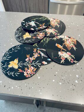 Vintage Set of 6 Trivets Birds Round Cork Backs Black Asian Inspired
